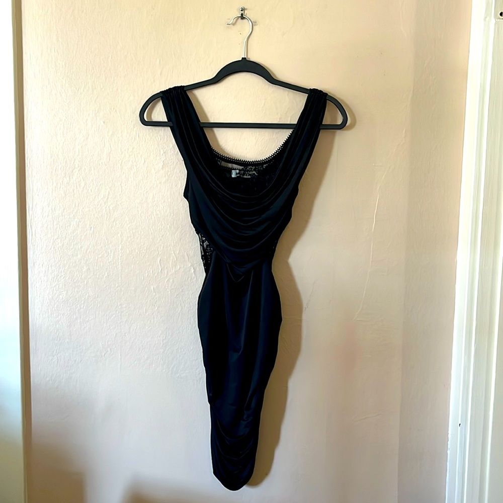 Mystic Black Body-con Sleeveless Lace Drape Ruched Clubbing Dress S